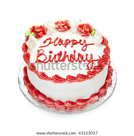 Birthday cake with white and red icing isolated on white