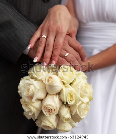 Picture a pair of newlyweds holding a wedding bouquet