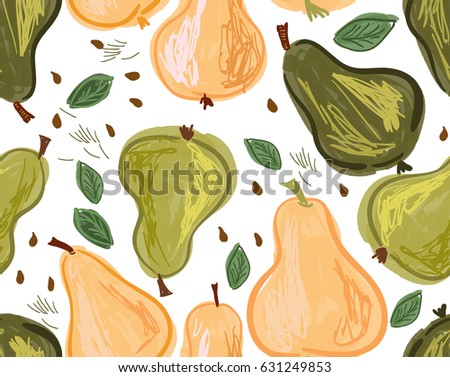 Repeating pattern with Hand drawn with pencils pears with leaves and seeds on white.Hand drawn with ink and colored with marker brush seamless background. Creative seasonal design with abstract fruits