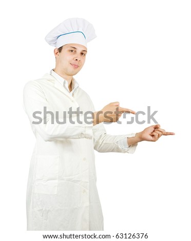picture of handsome cook man pointing her finger over white