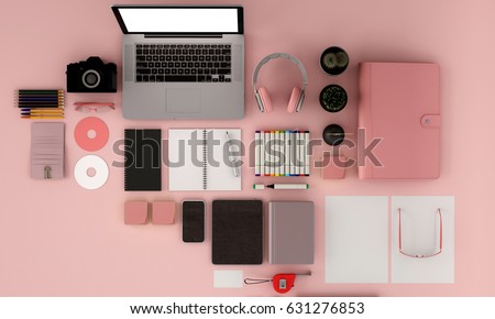 Top view Template for branding identity. For designers presentations and portfolios,mock up for office , pink background,work from home