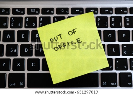 Vacation needed. Holiday office message on laptop. Out of office. Royalty-Free Stock Photo #631297019