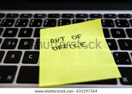 Vacation needed. Holiday office message on laptop. Out of office. Royalty-Free Stock Photo #631297364
