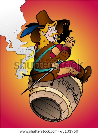 Guy Fawkes sitting on a barrel of gunpowder that is about to explode on Bonfire Night Royalty-Free Stock Photo #63131950