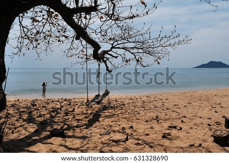 Women take photos of the island with the mobile phone. On the beach with a crib on a tree in Thailand.