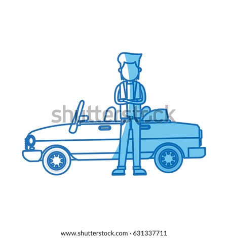 character man standing car side blue line
