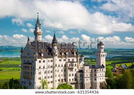 Neuschwanstein, Lovely Autumn Landscape Panorama Picture of the fairy tale castle near Munich in Bavaria, Germany