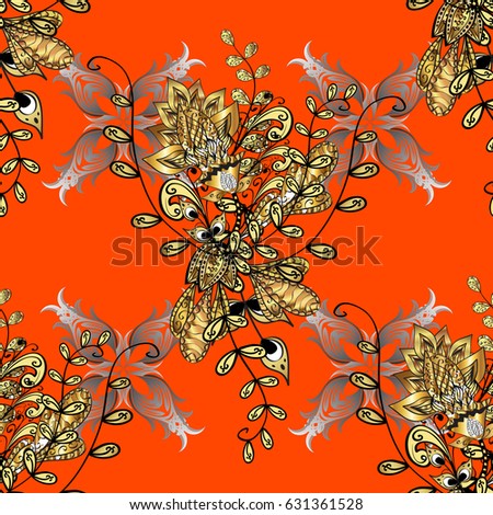 Seamless classic vector orange and golden pattern. Traditional orient ornament with white doodles. Classic vintage background.