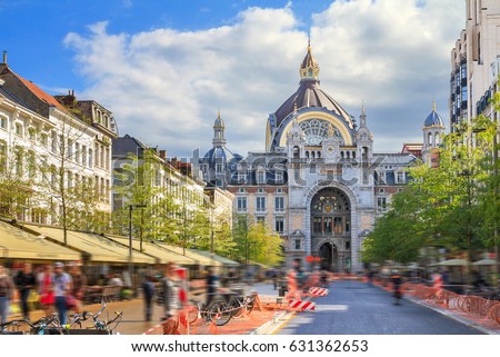 Beautiful colorful view of the historic monumental landmark Antwerp Central Station in Antwerp, Belgium, seen from the Keyserlei street in summer Royalty-Free Stock Photo #631362653