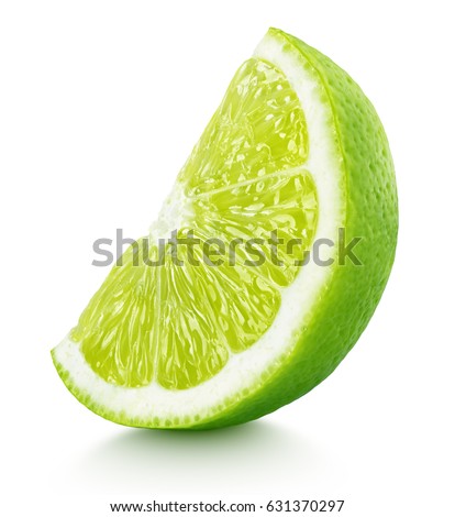 Ripe slice of green lime citrus fruit stand isolated on white background. Lime wedge with clipping path Royalty-Free Stock Photo #631370297