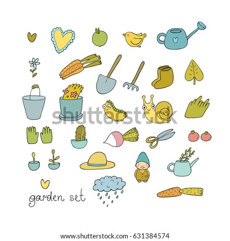 Set of garden objects. Plants, pots and tools for gardening. Vegetables and insects.  isolated objects on white background. Vector illustration. 