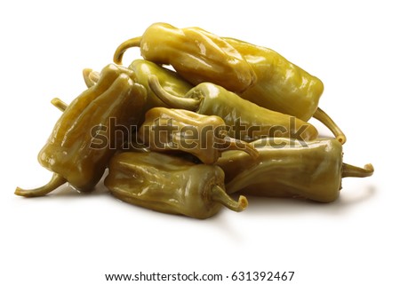 Pickled golden greek peppers, pepperoncini or friggitelli (Tuscan, Stavros, Capsicum annuum). Clipping paths, shadow separated Royalty-Free Stock Photo #631392467