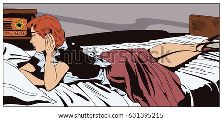 Stock illustration. People in retro style pop art and vintage advertising. Girl is lying on bed listening to radio.