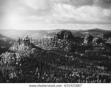 Autumnal sunrise in a beautiful mountain of Czech-Saxony Switzerland. Sandstone peaks increased from misty background, the fog is orange due to sun rays.  Black and white photography.