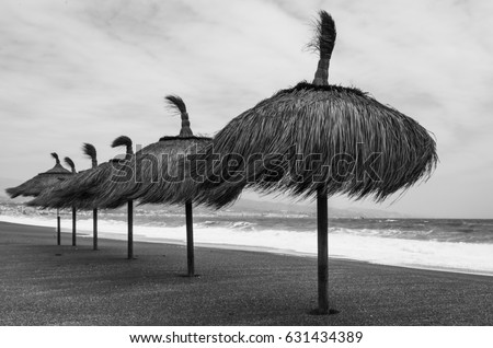 a windswept beach in Torre del Mar, east of Malaga, Andalusia, Spain during the latest spring storm