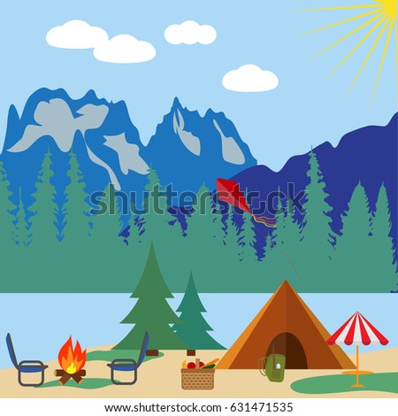 Forest camping vector concept with tourist tent.Illustration of camping tents near the mountain