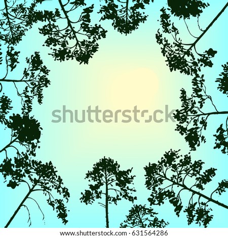 vector landscape with sky and pine trees, abstract nature background, forest template, hand drawn illustration