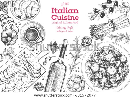 Italian cuisine top view frame. A set of Italian dishes with pasta farfalle, pizza, ravioli, cheese. Food and drink menu design template. Vintage hand drawn sketch vector illustration. Engraved image