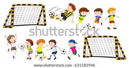 Football goal and boys playing ball illustration