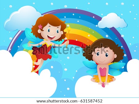 Two cute fairies flying over the rainbow illustration