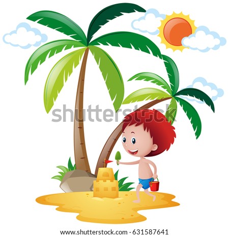 Summer scene with boy playing sandcastle illustration