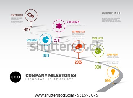 Vector Infographic Company Milestones Timeline Template with pointers on a curved road line Royalty-Free Stock Photo #631597076