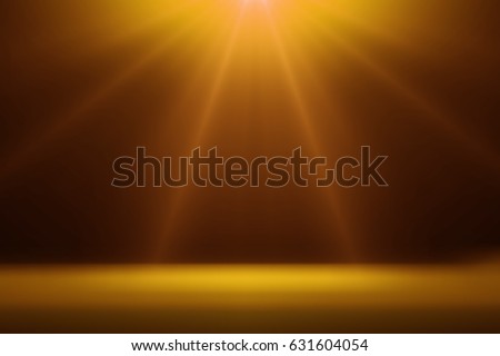 Stage light and golden glitter lights on floor. Abstract gold background for display your product. Spotlight realistic ray. Royalty-Free Stock Photo #631604054