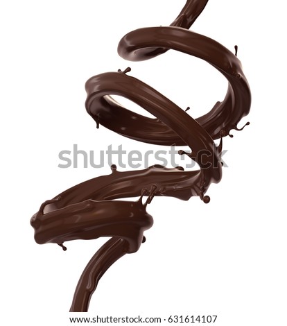 3d render, digital illustration, chocolate spiral jet, brown splash, liquid wave, splashing loops, curvy line, isolated on white background