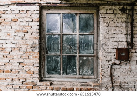 Red, brown, white, brick wall, texture, background with old wooden window
with counter