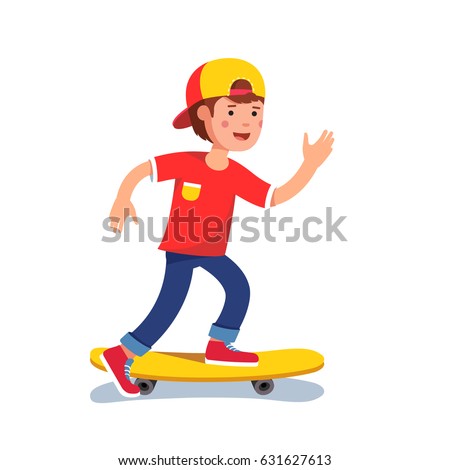 Teen boy in baseball cap riding on skateboard. Kid accelerating doing leg pushing. Young hipster skateboarder. Flat style character vector illustration isolated on white background.