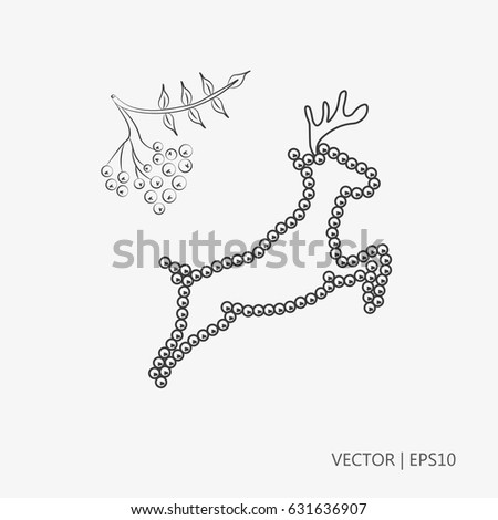 Vector illustration. Deer made with rowan berries. Mountain ash. Twig or rowan berry.. Sketch. Drawing for children. Flat icon