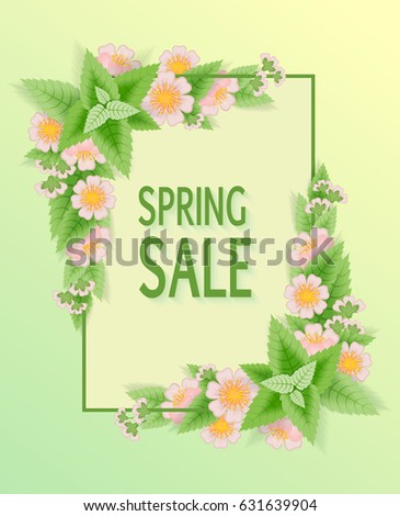 Decorative frame with floral ornament and inscription Spring sale on the yellow-green background. Poster