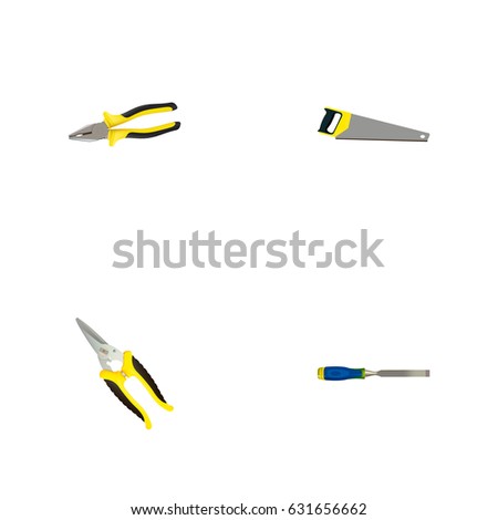 Realistic Carpenter, Scissors, Hacksaw And Other Vector Elements. Set Of Tools Realistic Symbols Also Includes Scissors, Hacksaw, Clippers Objects.