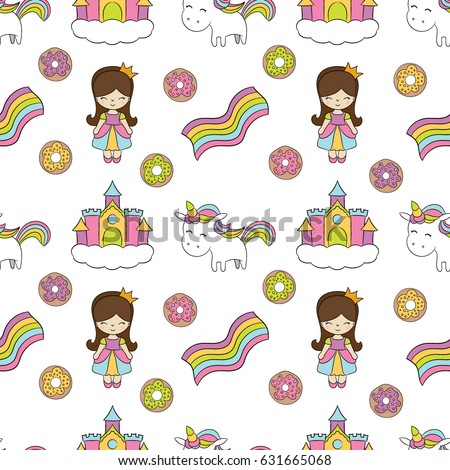 Seamless baby pattern with cute unicorn, princess, castle, rainbow, donut. Best Choice for cards, invitations, printing, party packs, blog backgrounds, paper craft, party invitations, scrapbooking.
