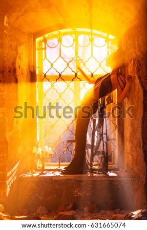silhouette of a girl in a beautiful dress on the window. haze and sun light beam
