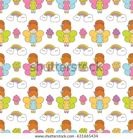 Seamless baby pattern with cute fairy, rainbow, cupcake. Best Choice for cards, invitations, printing, party packs, blog backgrounds, paper craft, party invitations, scrapbooking.
