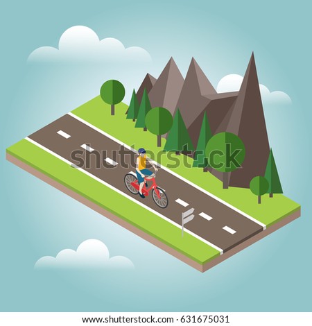 Isometric countryside. Summer road. Man cycling on countryside summer sunny road or highway