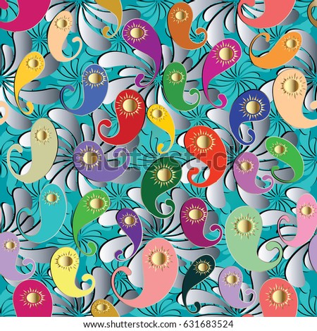 Paisley seamless pattern. Bright floral background wallpaper illustration with abstract colorful paisley flowers and modern 3d ornaments. Vector  texture for prints, fabric, textile, cloth, bed linens