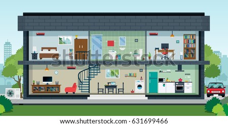The house with the interior has the sky as the backdrop. Royalty-Free Stock Photo #631699466