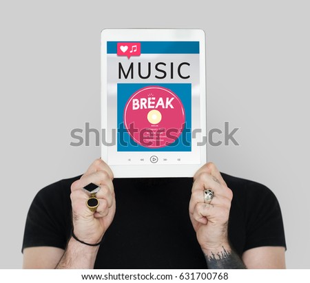 Man holding network graphic overlay digital device