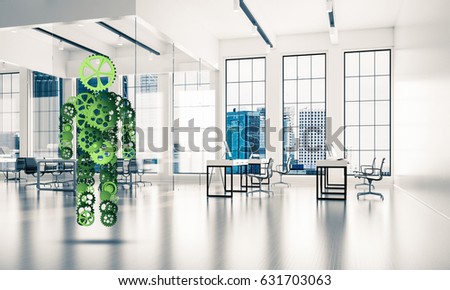 Figure of person made of gears and cogwheels on white office background. 3d rendering
