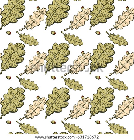 Vector illustration of the oak leaves and acorns seamless pattern. Natural botanical print.