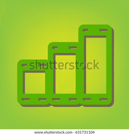 Smartphones with three sizes icons. Vector. Green line icon with brown shadow at green-yellow background.