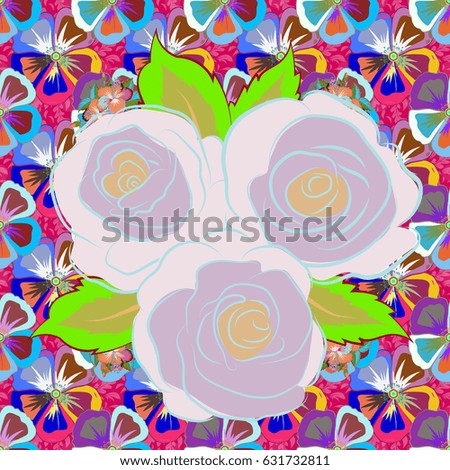 Stylish wallpaper with flowers. Abstract vector background. Floral seamless pattern with blooming flowers and leaves in blue and green colors.
