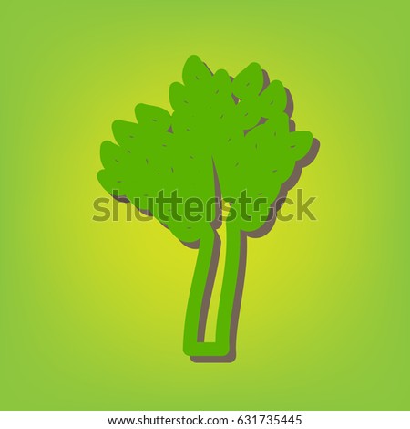 Tree sign illustration. Vector. Green line icon with brown shadow at green-yellow background.