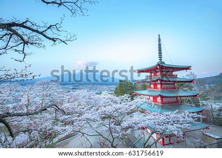 Good morning Beautiful Chureito red pagoda and Mountain Fuji with cherry blossom in Spring, Fujiyoshida, Japan