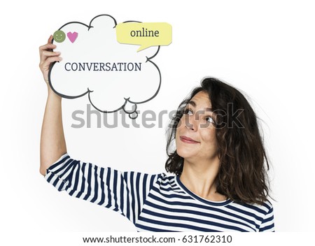 Woman holding network graphic overlay chat box