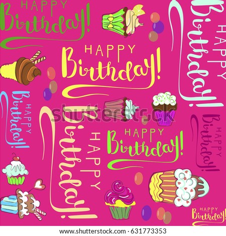 Happy Birthday bright pink background with cupcakes. Vector Illustration eps 10