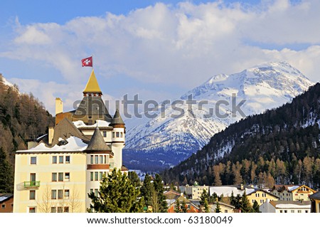 View of the Swiss mountain village of Pontresina in the Swiss Alps. Royalty-Free Stock Photo #63180049