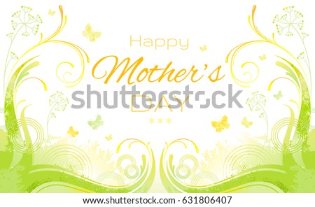 Happy  Mothers day greeting card design. Floral watercolor grunge pattern background. Spring poster, nature, butterfly, green grass. Vector isolated border illustration. 